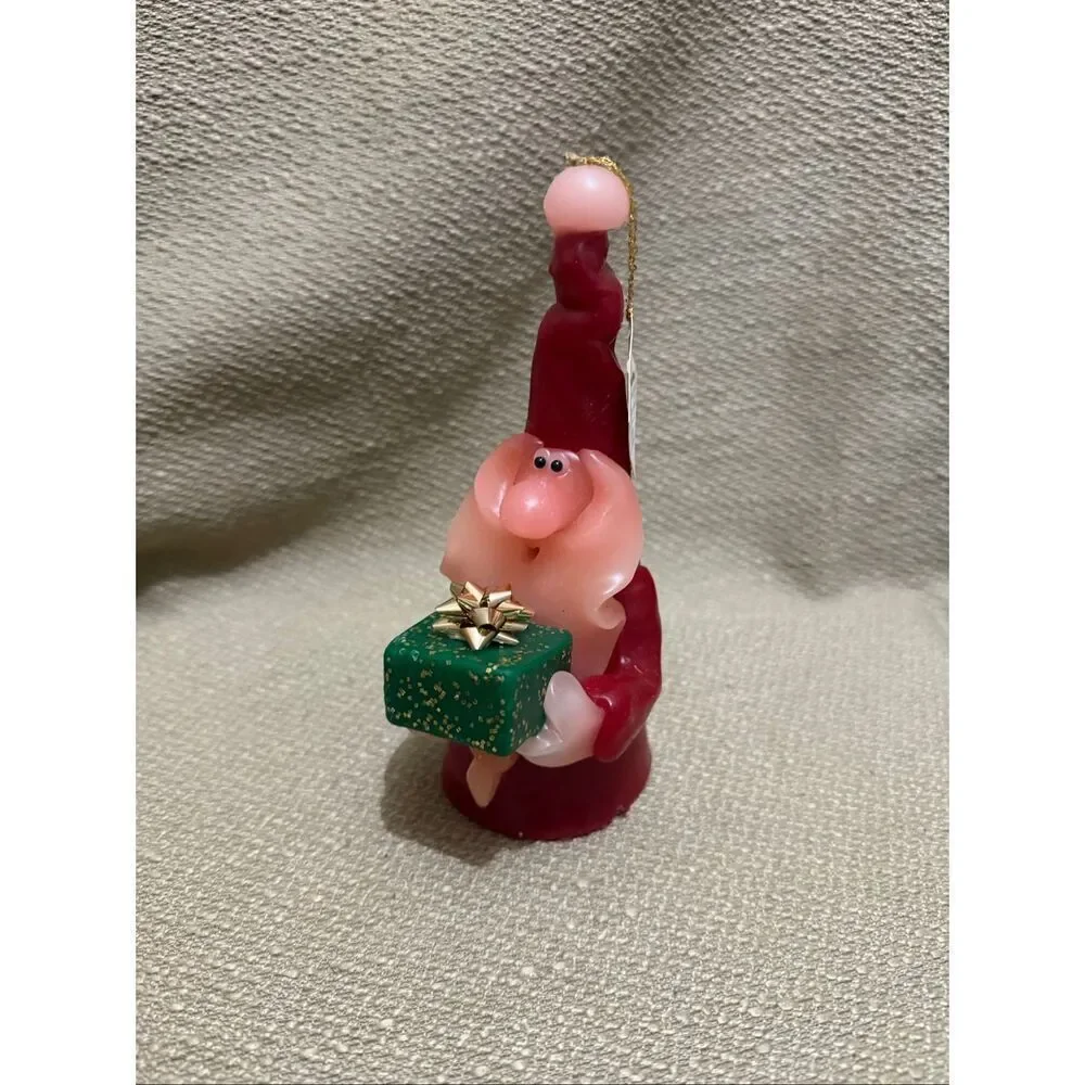 Vintage Northern Lights Candle Santa Gnome Holding Glitter Green Present Gift 7”